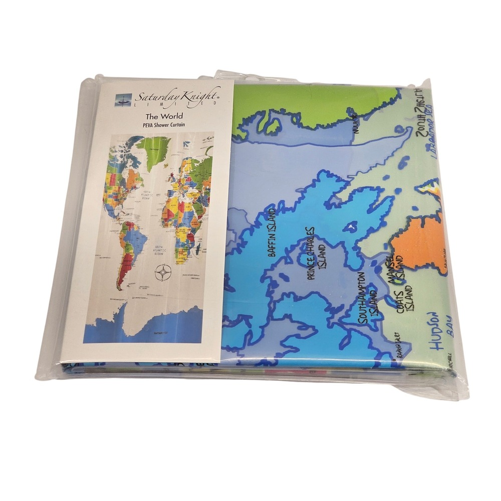 Saturday Knight The World Map PEVA Shower Curtain 70x72 Blue Green New Sealed